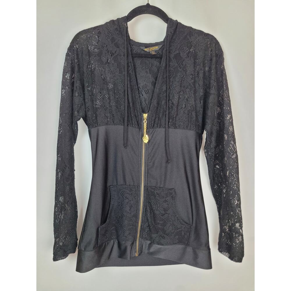 Rocawear Goth Vintage Streetwear 3/4 Zip Lace Black Hoodie Jacket Size Small
